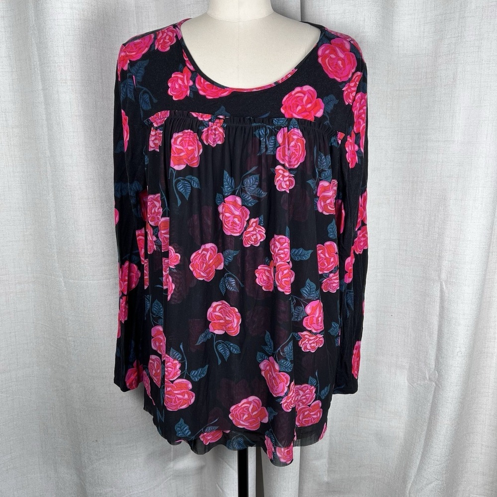 Matilda Jane Winter Blooms Rose Print Black Tunic Swing Blouse Women's Large